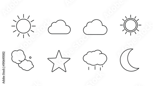Collection of simple weather icons in black line art including the sun clouds a star moon and a rainy cloud symbol.