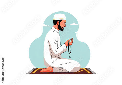 Vector flat design illustration of a man in white Islamic attire praying on a mat with a rosary in a serene, minimalist setting.