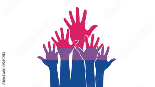 Silhouetted hands raised against a white background with a bisexual pride flag color scheme of pink purple and blue stripes.