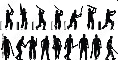 Vector Illustration Set of Cricket Player Silhouettes in Action for Sports Competition Fitness Training Athletic Performance Team Game and Professional Graphic Designs
