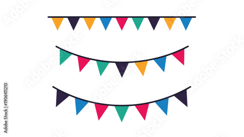 Rows of colorful triangular bunting flags hanging against a white background for birthdays or generic party celebrations at home.