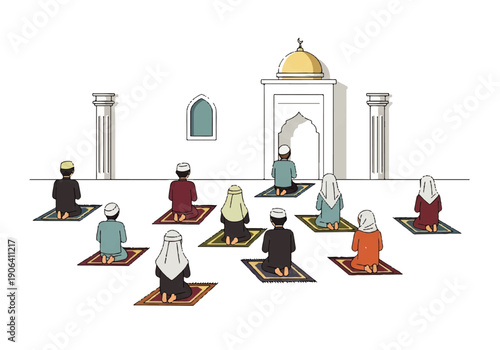 Vector flat design illustration of people praying in a mosque with a large dome and archway in the background.