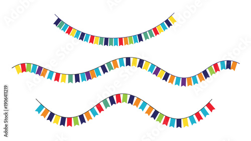 Three rows of small and colorful bunting flags hanging on strings against a plain white background for festive and joyful use.