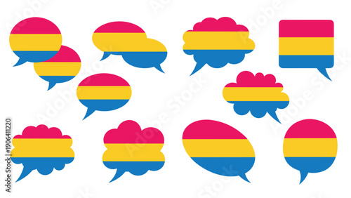 Diverse collection of speech bubbles decorated with the pansexual pride flag colors of pink, yellow, and blue on white background.