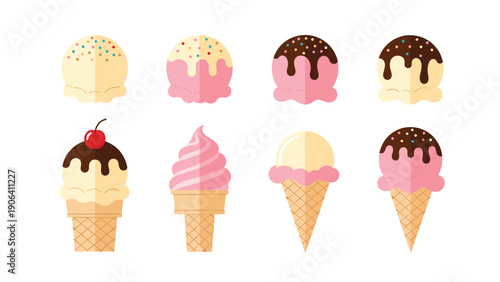 Assorted ice cream scoops and cones in various flavors like strawberry and chocolate shown in a neat grid layout on a white field.