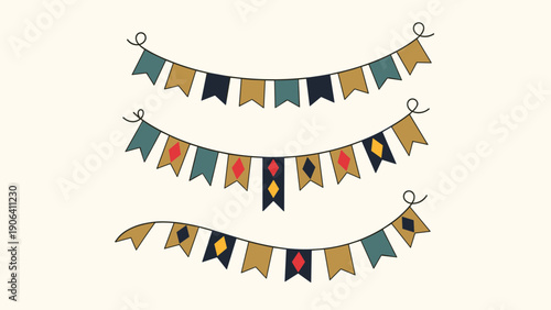 Three rows of rustic-themed bunting flags in muted tones of gold, teal, and navy blue against a light cream background for events.