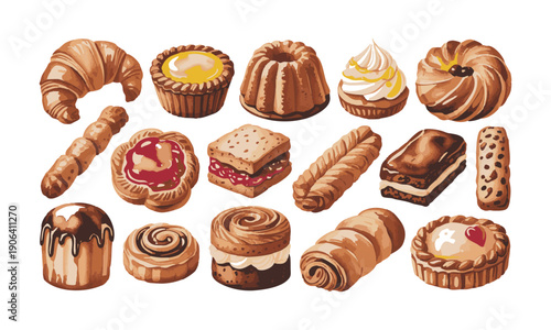 Bakery Dessert Illustration Set With Croissant And Cake vector illustration, easily editable.