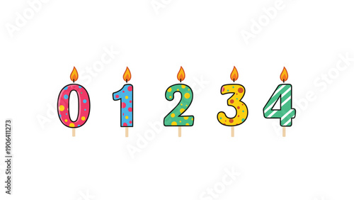 Five birthday candles shaped like numbers zero through four with colorful patterns and burning flames on top against white.
