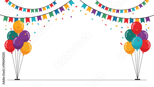 Celebration background with colorful bunting banners across the top and two clusters of balloons on the sides for festive events.