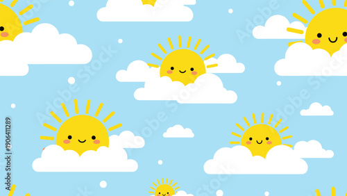 Seamless pattern of cute smiling suns and white clouds with small stars on a light blue background for kids or nursery wallpaper.