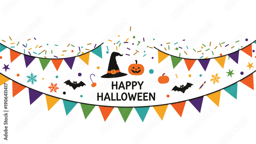 Fototapeta premium Festive Halloween banner with colorful bunting flags pumpkins bats a witch hat and the words Happy Halloween.