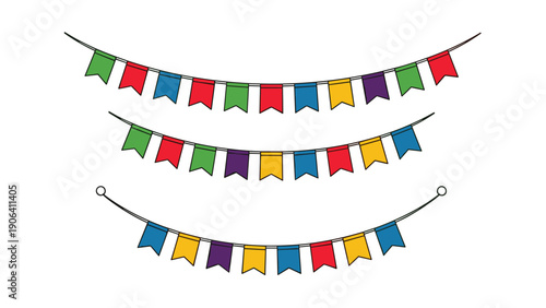 Three rows of colorful decorative bunting flags hanging in curved lines for celebration and party backgrounds.