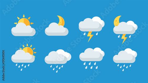 Grid of simple weather icons showing sunny cloudy rainy and stormy conditions on a solid blue background for forecast.