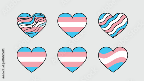 Six heart shapes featuring transgender pride flag colors in various patterns including stripes waves and solid fills.