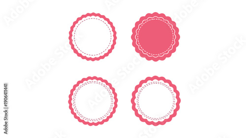 Set of four pink circular scalloped labels with decorative dotted interior borders on a white background for design.