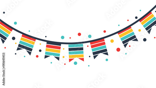 Festive bunting banner with multi colored horizontal striped flags and round confetti dots for celebration.
