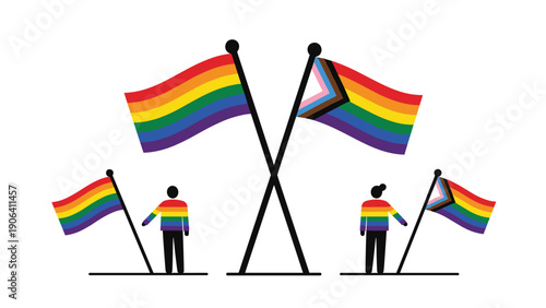 People standing with and holding large LGBTQ pride and inclusivity flags on a white background for awareness.