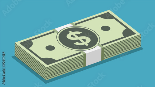 Isometric view of a thick bundle of green dollar bills secured with a white paper band on a blue background.