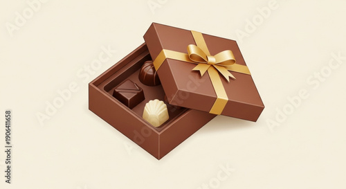 Brown gift box with gold ribbon open showing assorted chocolates inside on beige background