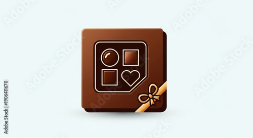 Chocolate gift box with social media icons and ribbon on white background symbolizing online sharing and affection