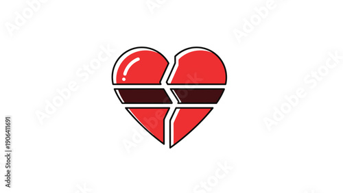 Stylized red broken heart icon with a jagged crack in the middle and dark horizontal stripes on a clean white background.