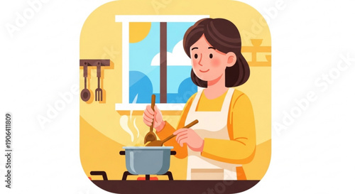 Woman cooking in kitchen stirring pot on stove with utensils wearing apron happy expression yellow background window view