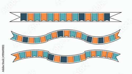 Colorful decorative banner ribbons in straight and wavy styles featuring alternating teal orange and dark blue flag segments.
