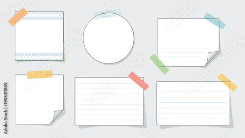 Collection of blank white sticky notes and index cards in different shapes attached with pieces of colorful decorative washi tape.