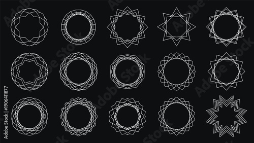 Set of white intricate geometric circular frames and snowflake-like patterns against a dark blue background for elegant designs.