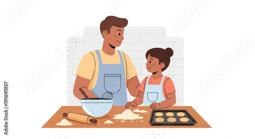 Man and little girl baking together in kitchen with aprons on making cupcakes and cookies