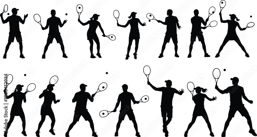 Obraz premium Vector Illustration Set of Male and Female Tennis Player Silhouettes in Action for Sports Competition Fitness Training Athletic Performance and Professional Graphic Designs