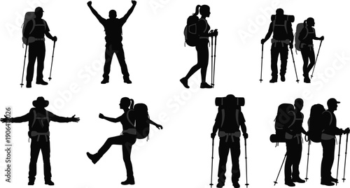 Vector Illustration Set of Hiker Silhouettes with Backpacks and Trekking Poles for Mountain Climbing Outdoor Adventure Nature Travel and Professional Wilderness Graphic Designs