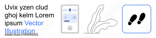Smart homes, user interfaces, eco-friendly technology, step tracking, modern devices, minimalism. A control panel, abstract plant and footprints icon. Smart homes and user interfaces concept