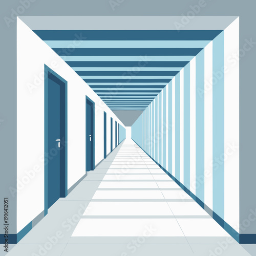 A lengthy corridor with multiple doors on the left, leading to a vanishing point, viewed from the entrance