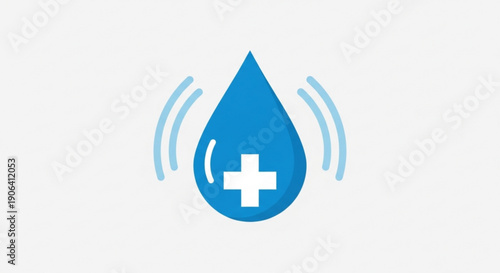 Blue water droplet with white medical cross and radiating lines on clean background for healthcare or medical concept