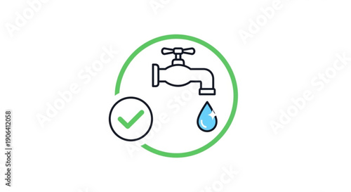 Water faucet with green checkmark and droplet in circle