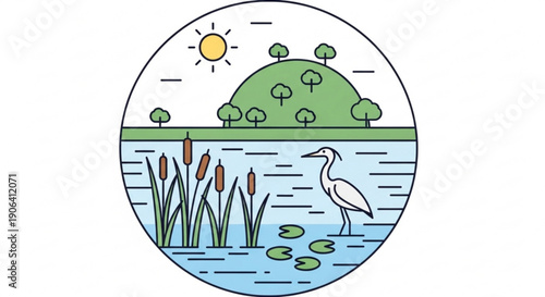 Serene landscape with heron standing in shallow water surrounded by cattails and lily pads under sunny sky