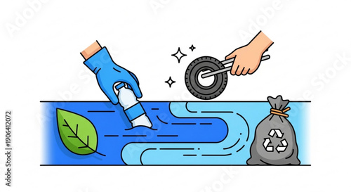 Hands cleaning pollution from a river with a recycling bag nearby eco friendly concept