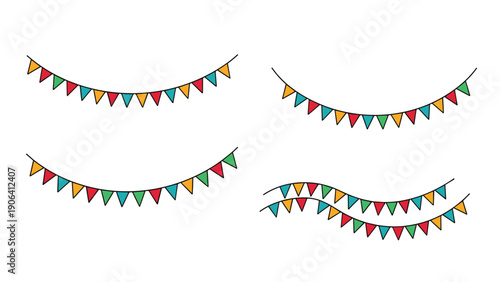 Four variations of colorful triangular flag buntings including straight curved and double wavy lines for festive party decor.