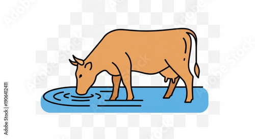 Brown cow drinking from a blue puddle of water on a transparent background