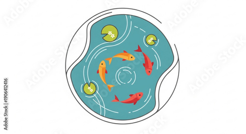 Koi fish swim in a serene pond with lily pads and water lilies surrounded by a white border