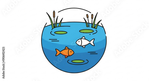 Two colorful fish swim in a small pond with lily pads and aquatic plants a serene and peaceful scene