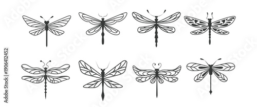 nine dragonfly silhouettes in black and white with elegant 