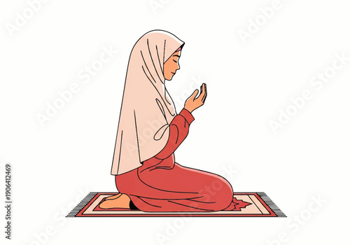 Vector flat design illustration of a woman in a hijab and red prayer dress kneeling on a prayer mat in a serene and peaceful atmosphere with a plain white background.