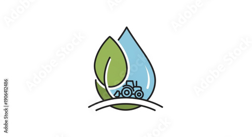 Sustainable farming concept with tractor leaf and water droplet on white background symbolizing eco friendly agriculture and conservation