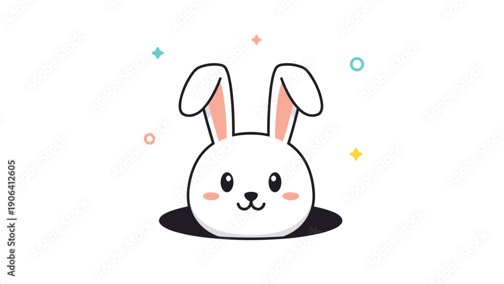 Obraz premium Adorable white bunny head popping out of a black hole surrounded by colorful stars and dots creates a whimsical nursery illustration.