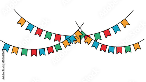 Two long strings of colorful triangular flag buntings intersecting in the middle to create a festive party decoration.