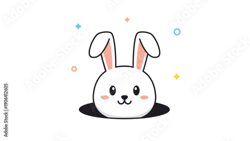 Adorable white bunny head popping out of a black hole surrounded by colorful stars and dots creates a whimsical nursery illustration.
