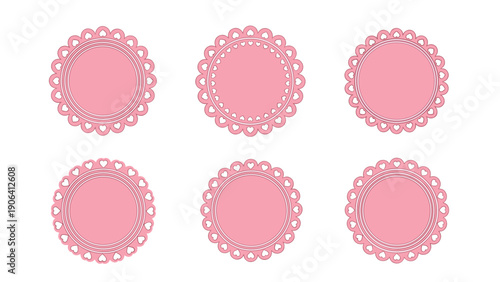 Six pink circular doilies with heart-shaped edge patterns serve as delicate frames for romantic or feminine graphic design projects.