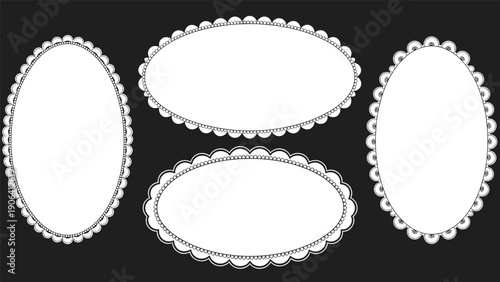 Four white oval lacy frames on a dark background provide a sophisticated and classic design for labels, photos, or invitations.